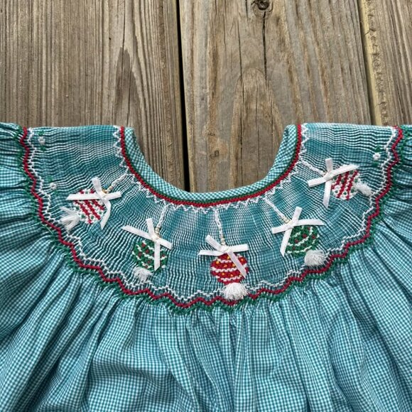 Rosalina Girls Smocked Bishop Dress Teal Gingham Christmas Ornaments Size 4T - Picture 2 of 8